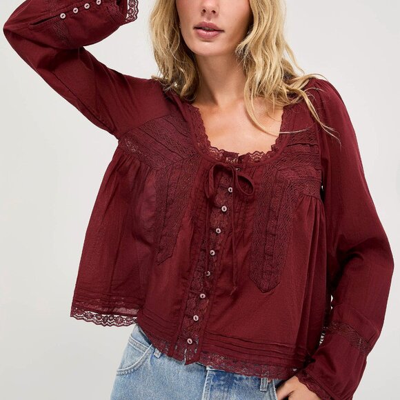 Free People 100% Cotton Lace Crochet Burgundy Red Blouse - Picture 1 of 4